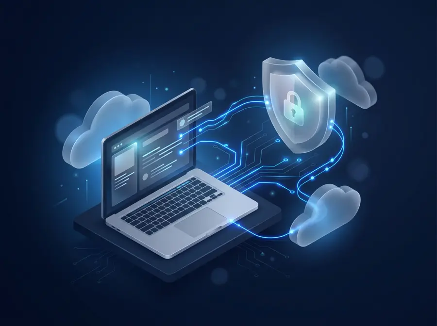 Illustration of a laptop connected to cloud services and a security shield