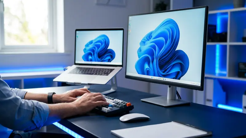 Technician typing at a desk with a Windows desktop monitor and laptop