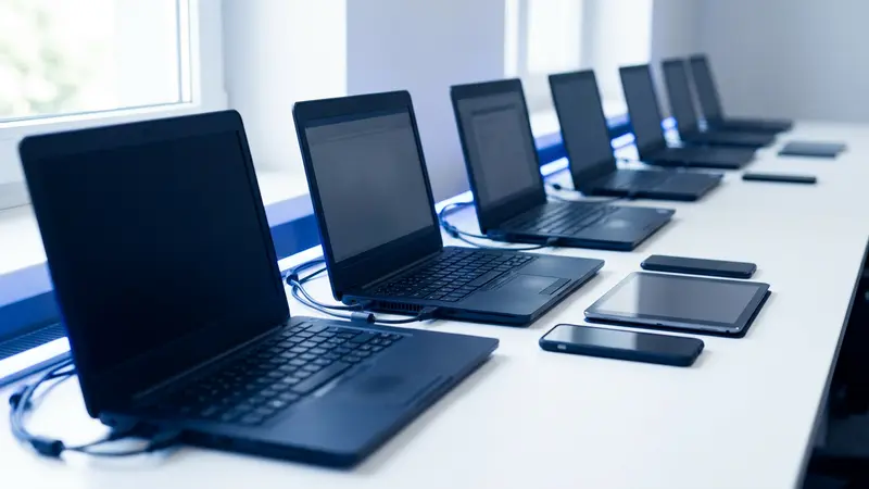 Row of company laptops, tablets and phones on a desk ready for enrolment