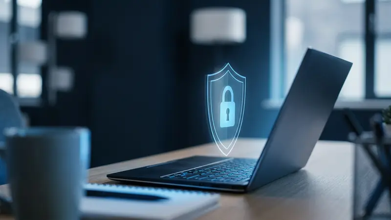 Laptop on a desk with a glowing padlock shield representing account security
