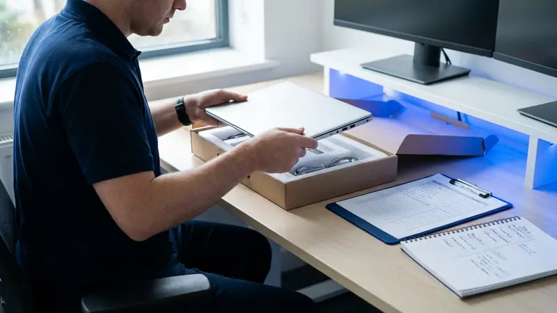 Technician unboxing a new laptop beside a checklist and documentation notebook