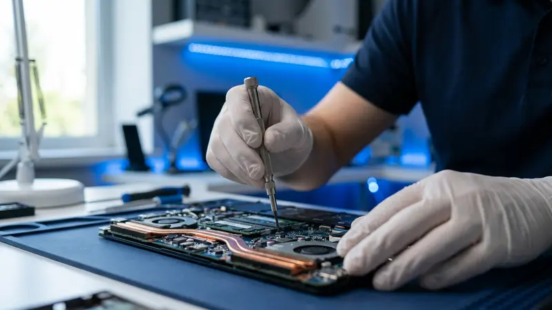 Technician using a precision screwdriver on an open laptop motherboard